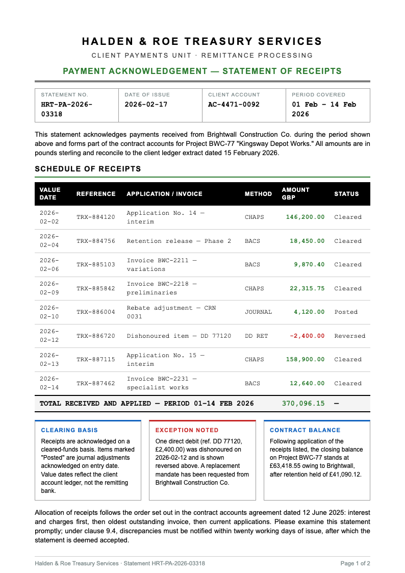 Financial statement acknowledgement letter
